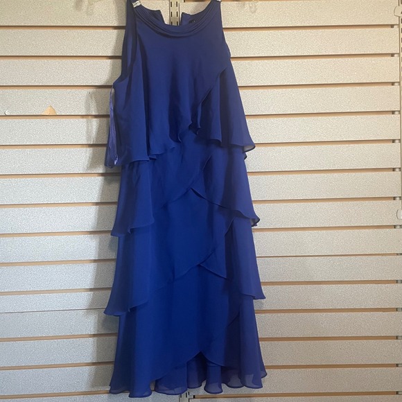 S.L. Fashions Royal Blue Chiffon Tiered Rhinestone Shoulder Formal Dress 14 - Picture 1 of 7